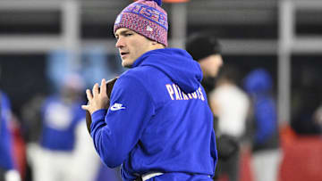New England Patriots quarterback Drake Maye (10) warms up prior to the game against the New York Giants at Gillette Stadium.
