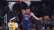 May 14, 2024; New York, New York, USA; New York Knicks center Isaiah Hartenstein (55) reacts after