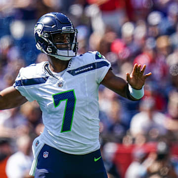 Sep 15, 2024; Foxborough, Massachusetts, USA; Seattle Seahawks quarterback Geno Smith (7) throws a pass against the New England Patriots in the first quarter at Gillette Stadium. 