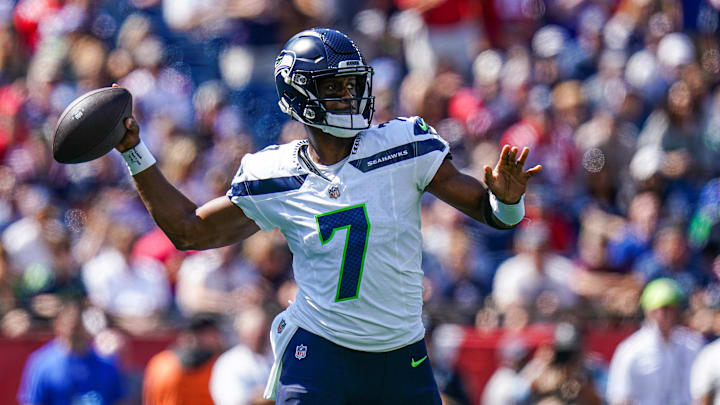 Sep 15, 2024; Foxborough, Massachusetts, USA; Seattle Seahawks quarterback Geno Smith (7) throws a pass against the New England Patriots in the first quarter at Gillette Stadium. 