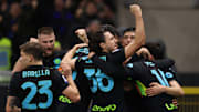 L'Inter festeggia il gol di Perisic al Napoli 
