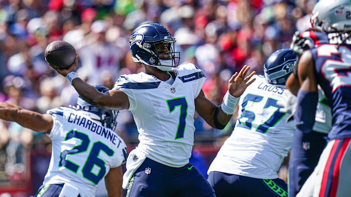 Sep 15, 2024; Foxborough, Massachusetts, USA; Seattle Seahawks quarterback Geno Smith (7) throws a pass against the New England Patriots in the first quarter at Gillette Stadium. Mandatory Credit: David Butler II-Imagn Images