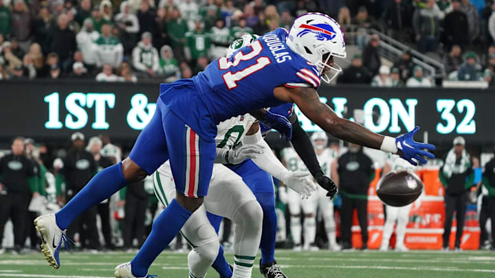 Oct 14, 2024; East Rutherford, New Jersey, USA; Buffalo Bills cornerback Rasul Douglas (31) defends a pass to New York Jets running back Braelon Allen (0) during the second half at MetLife Stadium.