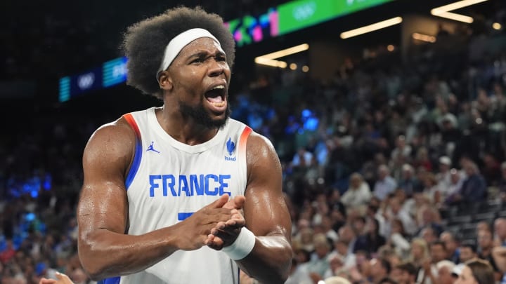 Aug 8, 2024; Paris, France; France power forward Guerschon Yabusele (7) celebrates during the second half against Germany in a men's basketball semifinal game during the Paris 2024 Olympic Summer Games at Accor Arena. Mandatory Credit: Rob Schumacher-USA TODAY Sports