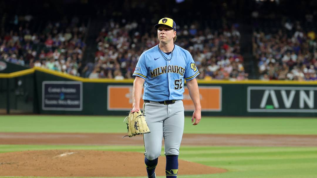 Jul 3, 2026; Phoenix, Arizona, USA; Milwaukee Brewers pitcher Kyle Harrison against the Arizona Diamondbacks at Chase Field. Mandatory Credit: Mark J. Rebilas-Imagn Images Jul 3, 2026; Phoenix, Arizona, USA; Milwaukee Brewers pitcher Kyle Harrison against the Arizona Diamondbacks at Chase Field. Mandatory Credit: Mark J. Rebilas-Imagn Images