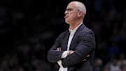 Jan 25, 2025; Cincinnati, Ohio, USA; Connecticut Huskies head coach Dan Hurley reacts from the sideline against the Xavier Musketeers in the first half at the Cintas Center. Mandatory Credit: Aaron Doster-Imagn Images