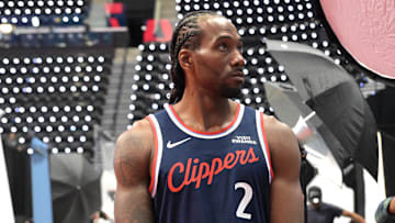 Sep 29, 2025; Inglewood, CA, USA;  Los Angeles Clippers forward Kawhi Leonard (2) poses during media day at Intuit Dome. Mandatory Credit: Jayne Kamin-Oncea-Imagn Images