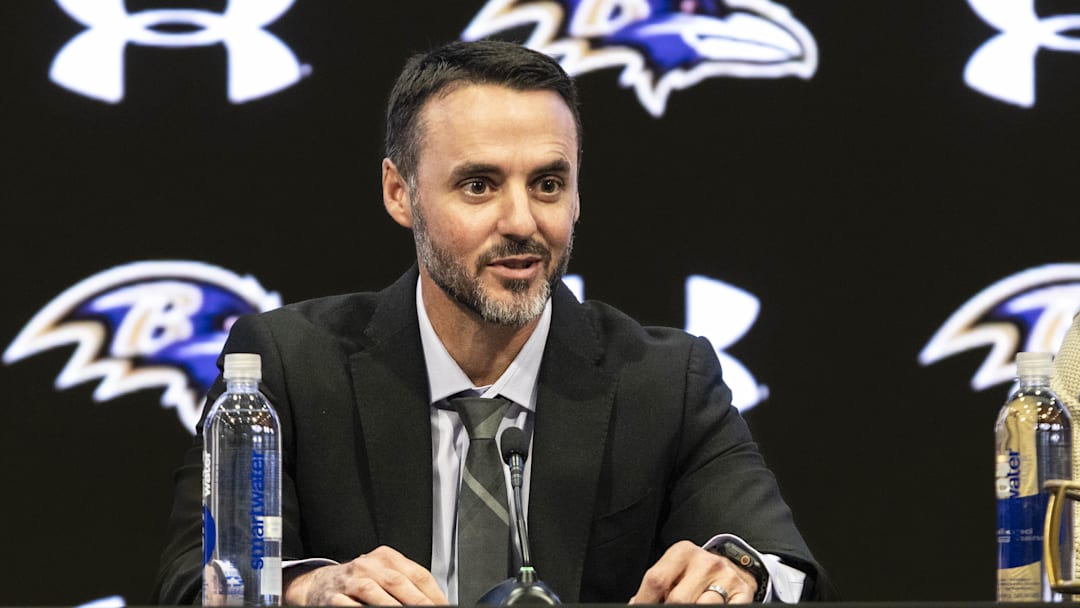 Jan 29, 2026; Owings Mills, MD, USA; Jesse Minter smiling during opening remarks at press conference at Under Armour Performance Center. Mandatory Credit: Lexi Thompson-Imagn Images