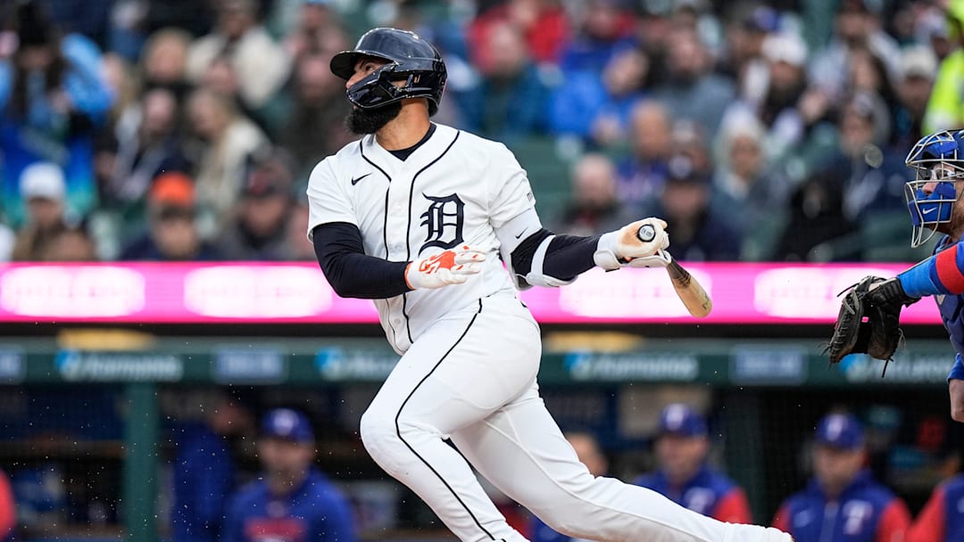 Detroit Tigers second baseman Gleyber Torres (25) bats a single against Texas Rangers during the first inning at Comerica Park in Detroit on Saturday, May 2, 2026.