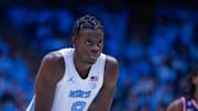 Nov 11, 2025; Chapel Hill, North Carolina, USA; North Carolina Tar Heels forward Caleb Wilson (8) rests before a free throw against the Radford Highlanders in the second half at Dean E. Smith Center. Mandatory Credit: Scott Kinser-Imagn Images