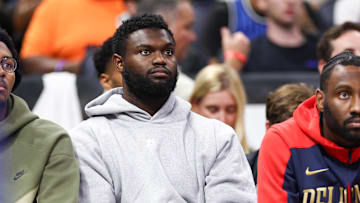 Nov 8, 2024; Orlando, Florida, USA; New Orleans Pelicans forward Zion Williamson (1) looks on from the bench against the Orlando Magic in the third quarter at Kia Center. Mandatory Credit: Nathan Ray Seebeck-Imagn Images