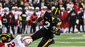 Nov 29, 2024; Iowa City, Iowa, USA; Iowa Hawkeyes running back Kaleb Johnson (2)