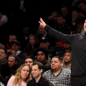 Mar 26, 2025; Brooklyn, New York, USA; Toronto Raptors head coach Darko Rajakovic coaches against the Brooklyn Nets during the fourth quarter at Barclays Center. Mandatory Credit: Brad Penner-Imagn Images