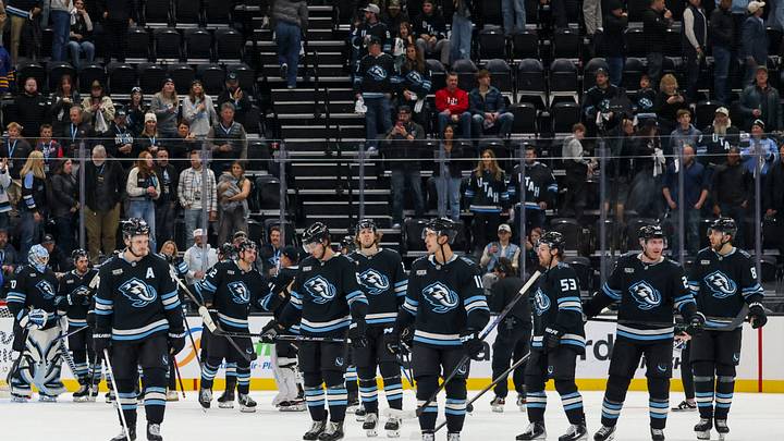 Nov 12, 2025; Salt Lake City, Utah, USA; The Utah Mammoth celebrate a win over the Buffalo Sabres after the game at Delta Center. Mandatory Credit: Rob Gray-Imagn Images