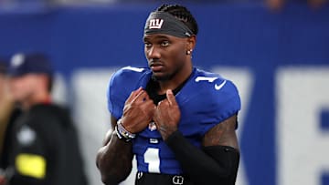 Sep 21, 2025; East Rutherford, New Jersey, USA; New York Giants wide receiver Malik Nabers (1) looks on before the game against the Kansas City Chiefs at MetLife Stadium. Mandatory Credit: Vincent Carchietta-Imagn Images
