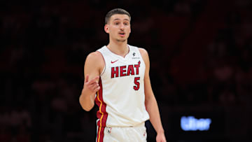 Oct 6, 2025; Miami, Florida, USA; Miami Heat forward Nikola Jovic (5) talks to his teammates against the Milwaukee Bucks during the second quarter at Kaseya Center. Mandatory Credit: Sam Navarro-Imagn Images
