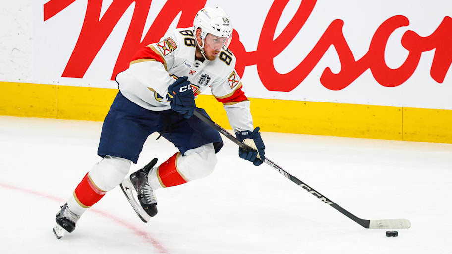 Nate Schmidt controls the puck during Game 5 against the Oilers. | Sergei Belski-Imagn Images