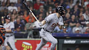 Apr 5, 2023; Houston, Texas, USA; Detroit Tigers left fielder Austin Meadows (17) hits an RBI single during the eighth inning against the Houston Astros at Minute Maid Park. 