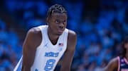 Nov 11, 2025; Chapel Hill, North Carolina, USA; North Carolina Tar Heels forward Caleb Wilson (8) rests before a free throw against the Radford Highlanders in the second half at Dean E. Smith Center. Mandatory Credit: Scott Kinser-Imagn Images