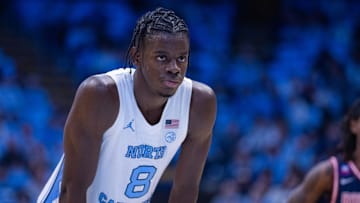 Nov 11, 2025; Chapel Hill, North Carolina, USA; North Carolina Tar Heels forward Caleb Wilson (8) rests before a free throw against the Radford Highlanders in the second half at Dean E. Smith Center. Mandatory Credit: Scott Kinser-Imagn Images