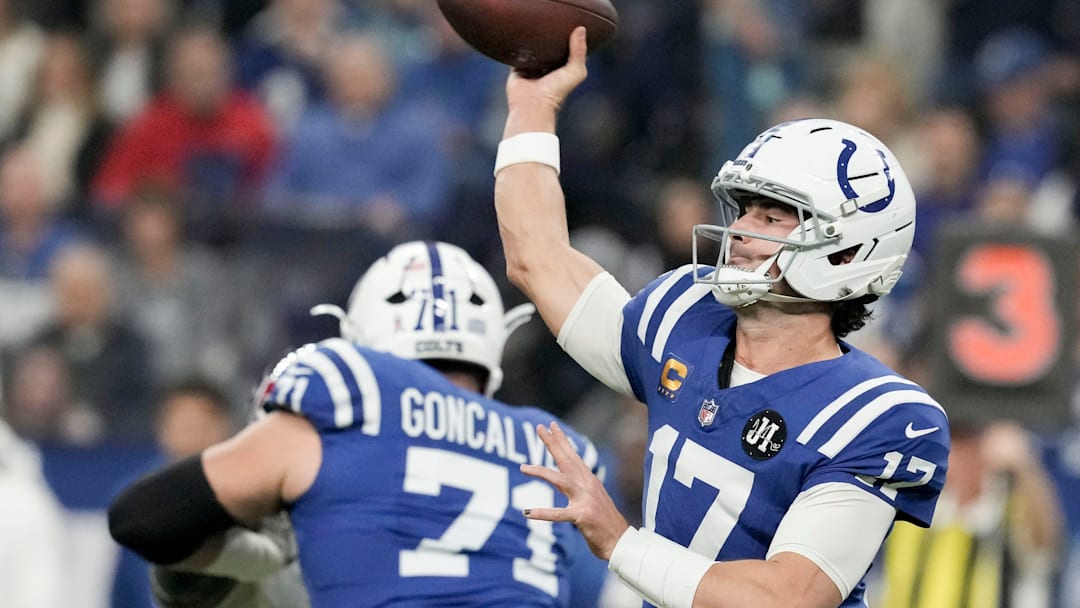 Indianapolis Colts quarterback Daniel Jones (17) passes the ball Sunday, Nov. 30, 2025, during a game against the Houston Texans at Lucas Oil Stadium in Indianapolis.