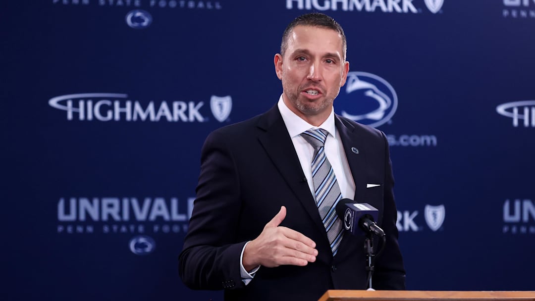 Dec 8, 2025; University Park, PA, USA; Matt Campbell is announced as the Penn State Nittany Lions new head coach during a press conference at the Beaver Stadium Press Room. Mandatory Credit: Matthew O'Haren-Imagn Images