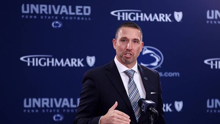 Dec 8, 2025; University Park, PA, USA; Matt Campbell is announced as the Penn State Nittany Lions new head coach during a press conference at the Beaver Stadium Press Room. Mandatory Credit: Matthew O'Haren-Imagn Images