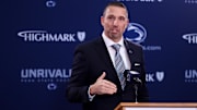 Dec 8, 2025; University Park, PA, USA; Matt Campbell is announced as the Penn State Nittany Lions new head coach during a press conference at the Beaver Stadium Press Room. Mandatory Credit: Matthew O'Haren-Imagn Images