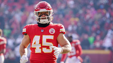Dec 24, 2022; Kansas City, Missouri, USA; Kansas City Chiefs fullback Michael Burton (45) warms up against the Seattle Seahawks prior to a game at GEHA Field at Arrowhead Stadium. Mandatory Credit: Denny Medley-Imagn Images