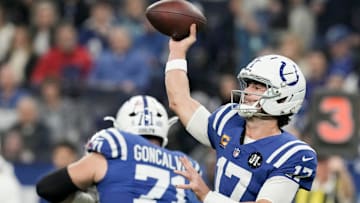 Indianapolis Colts quarterback Daniel Jones (17) passes the ball Sunday, Nov. 30, 2025, during a game against the Houston Texans at Lucas Oil Stadium in Indianapolis.
