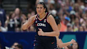 UConn Huskies center Jana El Alfy reacts to a basket against the UCLA Bruins in the Final Four. 