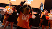 University of Tennessee mascot Smokey makes an appearance at Torch Night to welcome incoming UTK students at the Food City Center at Thompson-Boling Arena on August 17, 2025. This year marks the 100th anniversary of Torch Night, an annual celebration for new incoming students to UTK.