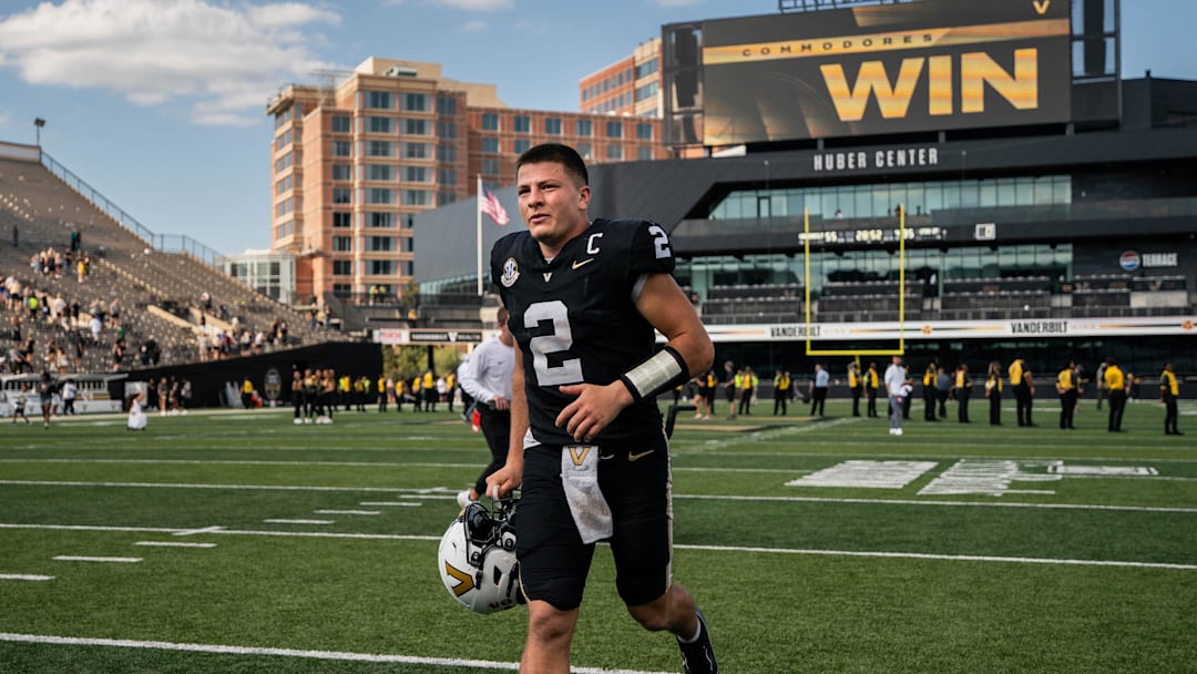 Vanderbilt quarterback Diego Pavia exits the field after defeating Utah State at FirstBank Stadium in Nashville, Tenn., Saturday, Sept. 27, 2025.
