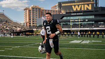 Vanderbilt quarterback Diego Pavia exits the field after defeating Utah State at FirstBank Stadium in Nashville, Tenn., Saturday, Sept. 27, 2025.