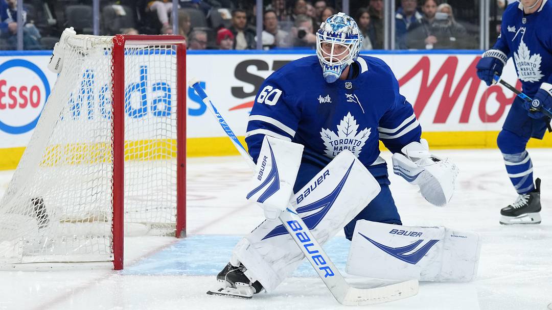 Apr 8, 2026; Toronto, Ontario, CAN; Toronto Maple Leafs goaltender Joseph Woll (60) follows the puck against the Washington Capitals during the second period at Scotiabank Arena. Mandatory Credit: Nick Turchiaro-Imagn Images