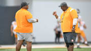 Tennessee Defensive Analyst Levorn Harbin, left, and Defensive Line coach Rodney Garner chat during the first day of Tennessee football practice at Anderson Training Facility in Knoxville, Tenn. on Monday, Aug. 1, 2022.

Kns Tennessee Football Practice