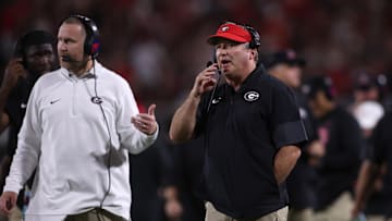 Sep 27, 2025; Athens, Georgia, USA; Georgia Bulldogs head coach Kirby Smart looks on in the first half against the Alabama Crimson Tide at Sanford Stadium. Mandatory Credit: Brett Davis-Imagn Images