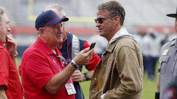Nov 8, 2025; Oxford, Mississippi, USA; Mississippi Rebels head coach Lane Kiffin speaks to a reporter prior to the game against The Citadel Bulldogs at Vaught-Hemingway Stadium. Mandatory Credit: Petre Thomas-Imagn Images