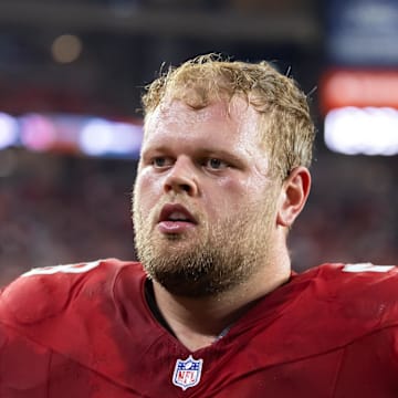 Aug 9, 2025; Glendale, Arizona, USA; Arizona Cardinals offensive lineman Hayden Conner (58) against the Kansas City Chiefs during a preseason NFL game at State Farm Stadium. Mandatory Credit: Mark J. Rebilas-Imagn Images