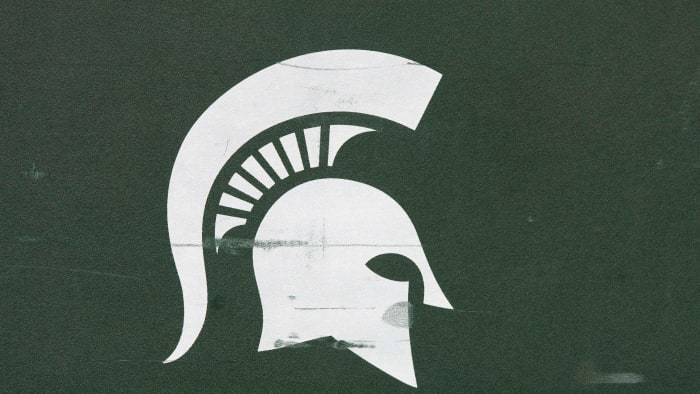 Oct 12, 2019; Madison, WI, USA; Michigan State Spartans logo on sideline equipment prior to the game