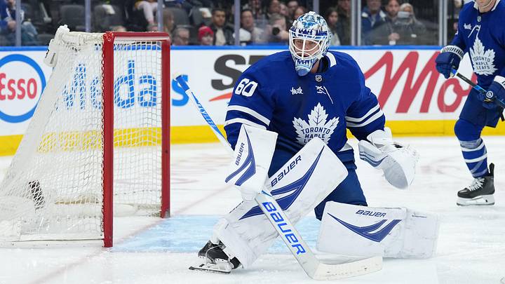 Apr 8, 2026; Toronto, Ontario, CAN; Toronto Maple Leafs goaltender Joseph Woll (60) follows the puck against the Washington Capitals during the second period at Scotiabank Arena. Mandatory Credit: Nick Turchiaro-Imagn Images