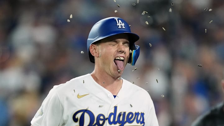 Mar 26, 2026; Los Angeles, California, USA; Los Angeles Dodgers catcher Will Smith (16) celebrates after hitting a two run home run against the Arizona Diamondbacks during the seventh inning at Dodger Stadium. Mandatory Credit: Kirby Lee-Imagn Images