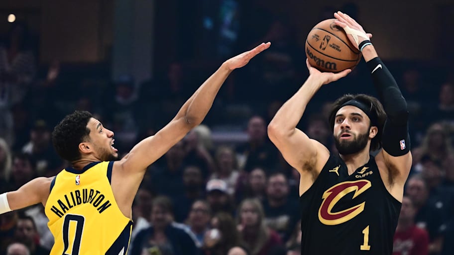 Max Strus shoots over Tyrese Haliburton during Game 5 of the Cleveland Cavaliers-Indiana Pacers series.  | Ken Blaze-Imagn Images