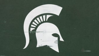 Oct 12, 2019; Madison, WI, USA; Michigan State Spartans logo on sideline equipment prior to the game against the Wisconsin Badgers at Camp Randall Stadium. Mandatory Credit: Jeff Hanisch-USA TODAY Sports