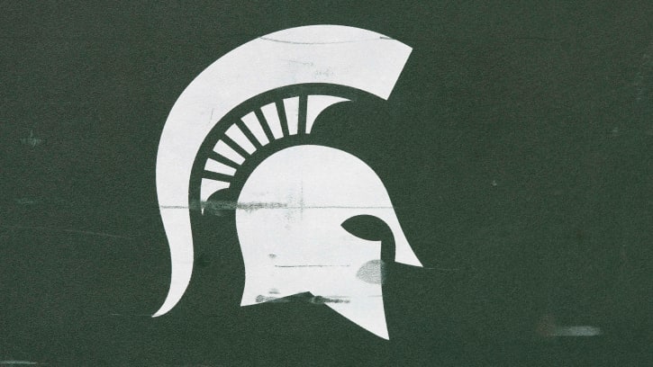 Oct 12, 2019; Madison, WI, USA; Michigan State Spartans logo on sideline equipment prior to the game