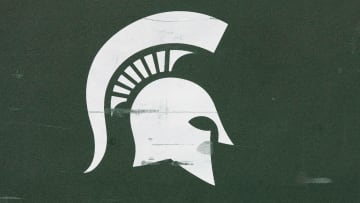 Oct 12, 2019; Madison, WI, USA; Michigan State Spartans logo on sideline equipment prior to the game