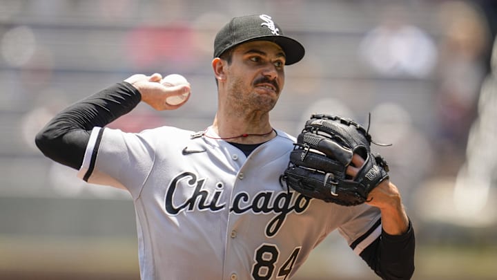 Jul 16, 2023; Cumberland, Georgia, USA; Chicago White Sox starting pitcher Dylan Cease (84) pitches
