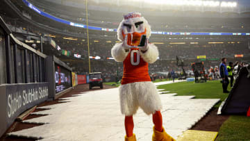 Dec 28, 2023; Bronx, NY, USA; Miami Hurricanes mascot Sebastian the Ibis poses for a photo during the second half of the 2023 Pinstripe Bowl against the Rutgers Scarlet Knights at Yankee Stadium. Mandatory Credit: Vincent Carchietta-USA TODAY Sports