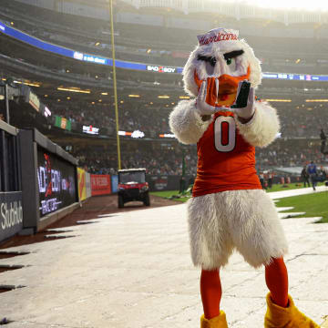 Dec 28, 2023; Bronx, NY, USA; Miami Hurricanes mascot Sebastian the Ibis poses for a photo during the second half of the 2023 Pinstripe Bowl against the Rutgers Scarlet Knights at Yankee Stadium. Mandatory Credit: Vincent Carchietta-USA TODAY Sports