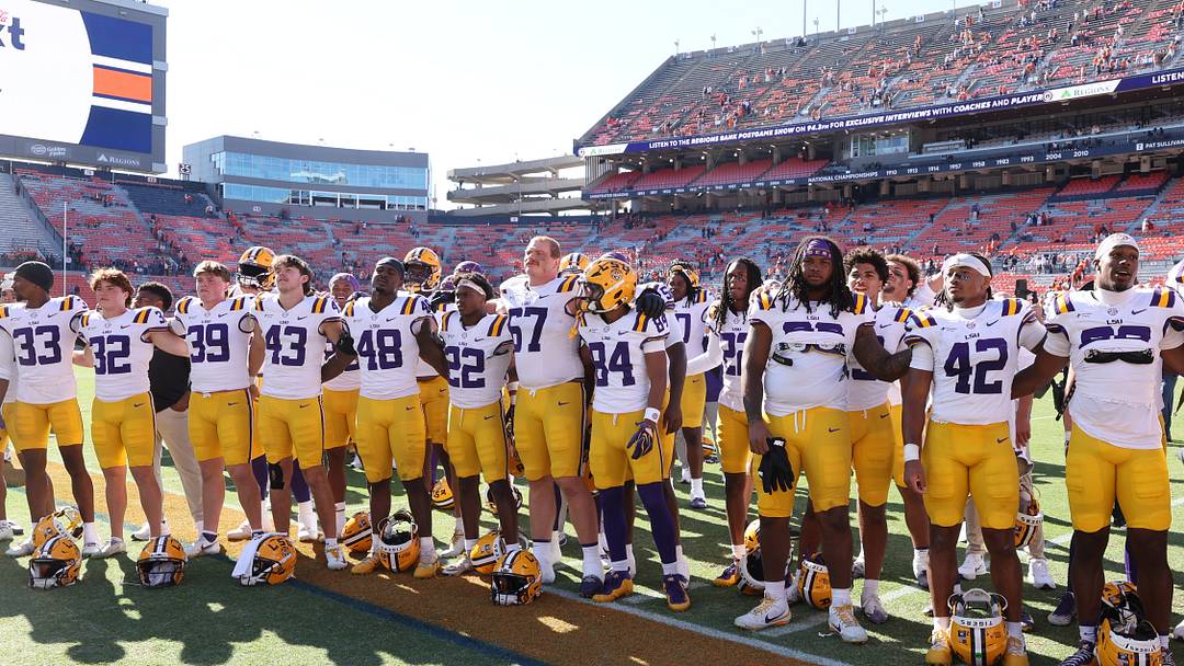 Oct 24, 2026; Auburn, Alabama, USA;  Members of the LSU Tigers line up after a game against the Auburn Tigers  at Jordan-Hare Stadium.  Mandatory Credit: John Reed-Imagn Images